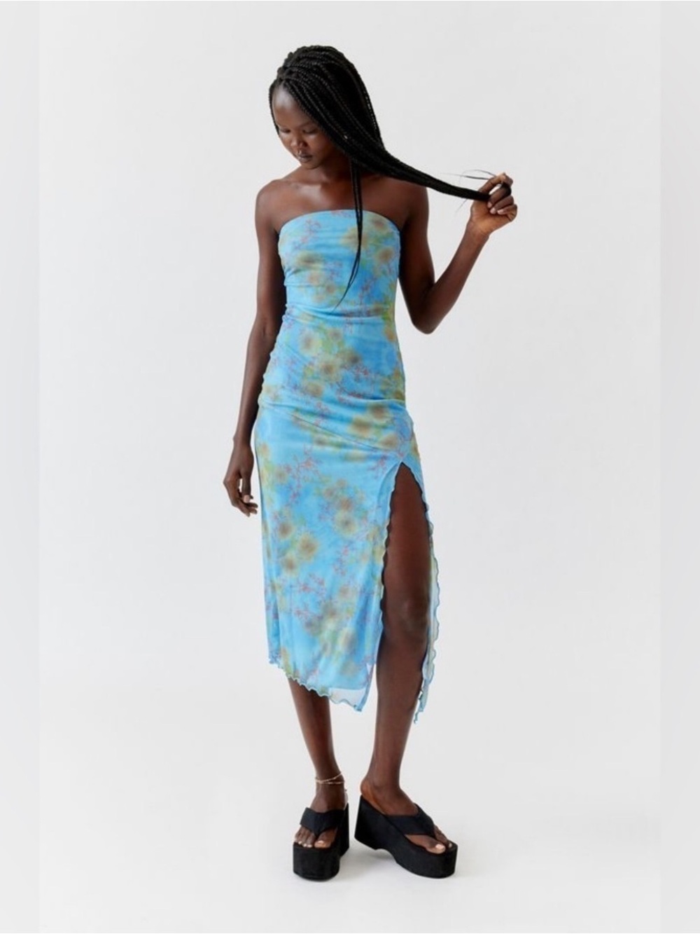 Urban Outfitters Blue and Green Samara Strapless Midi Dress with Side Slit